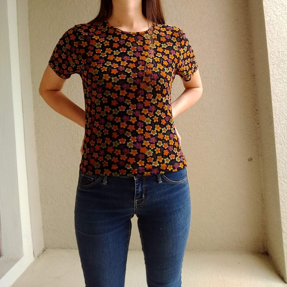 Vintage Instant Action Black & Orange Floral Top